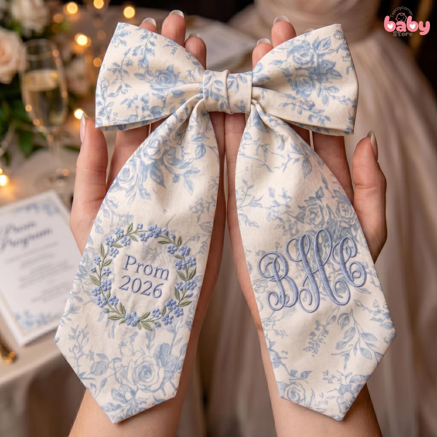 Embroidered Bouquet Ribbon Sash, Custom Monogram Prom Graduation Wrap