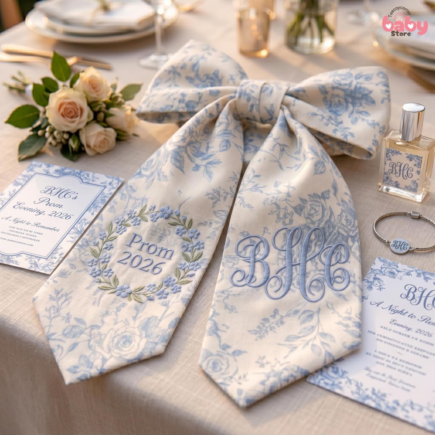 Embroidered Bouquet Ribbon Sash, Custom Monogram Prom Graduation Wrap