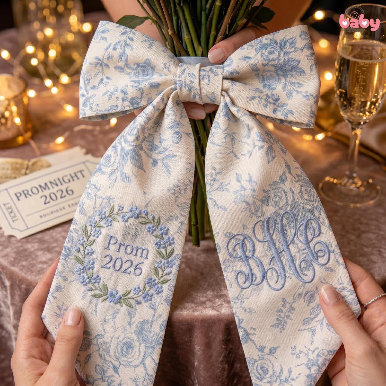 Embroidered Bouquet Ribbon Sash, Custom Monogram Prom Graduation Wrap