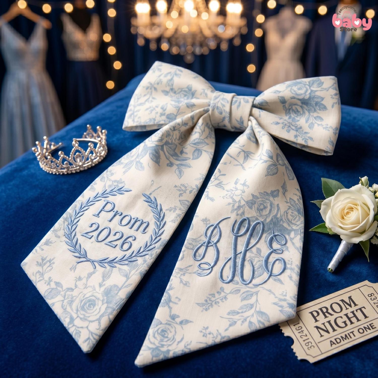 Embroidered Bouquet Ribbon Sash, Custom Monogram Prom Graduation Wrap