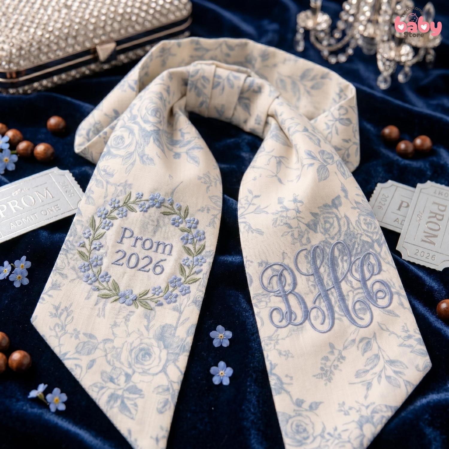 Embroidered Bouquet Ribbon Sash, Custom Monogram Prom Graduation Wrap