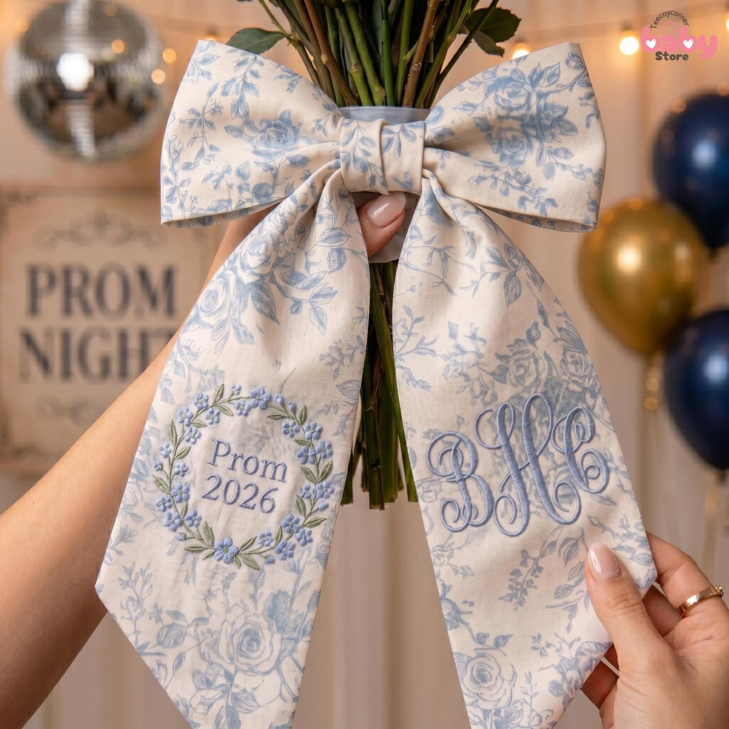 Embroidered Bouquet Ribbon Sash, Custom Monogram Prom Graduation Wrap