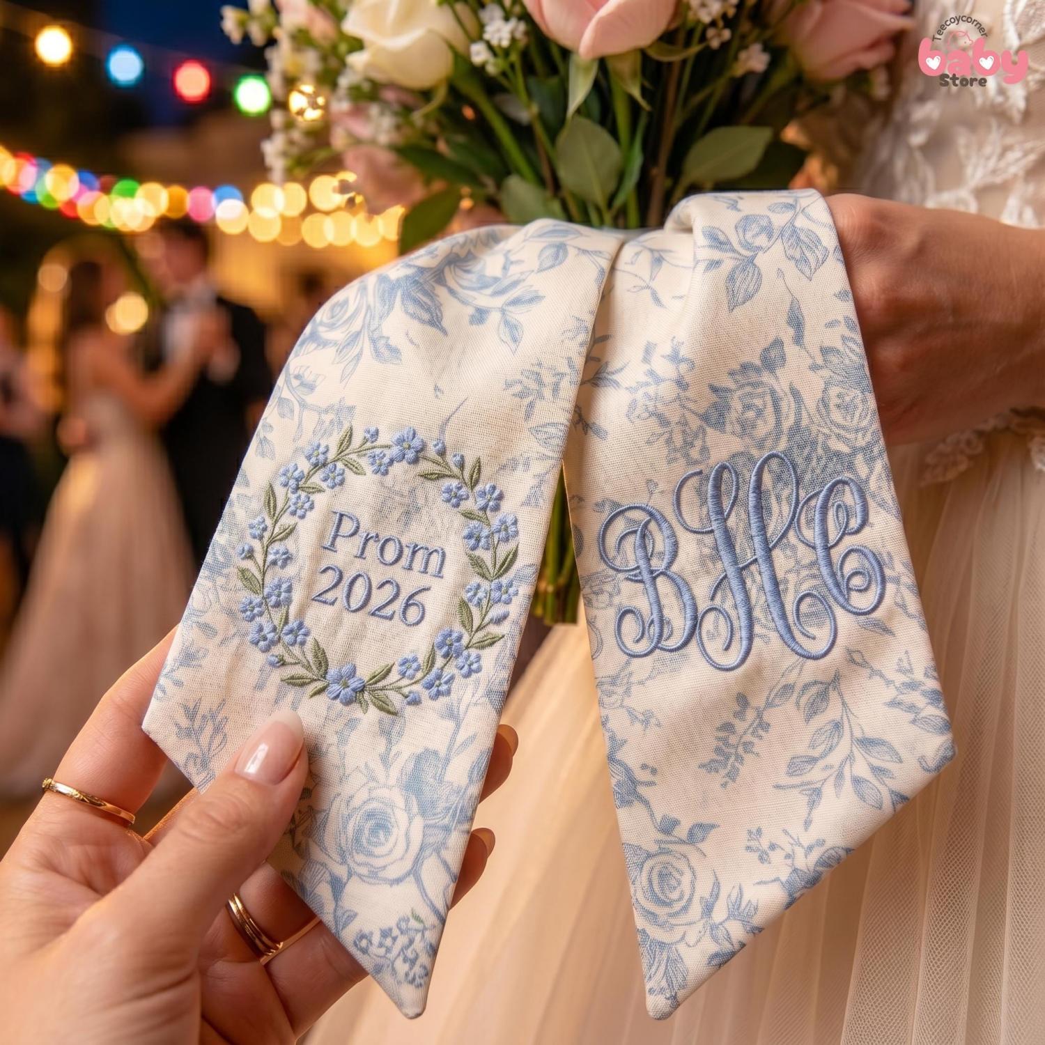 Embroidered Bouquet Ribbon Sash, Custom Monogram Prom Graduation Wrap