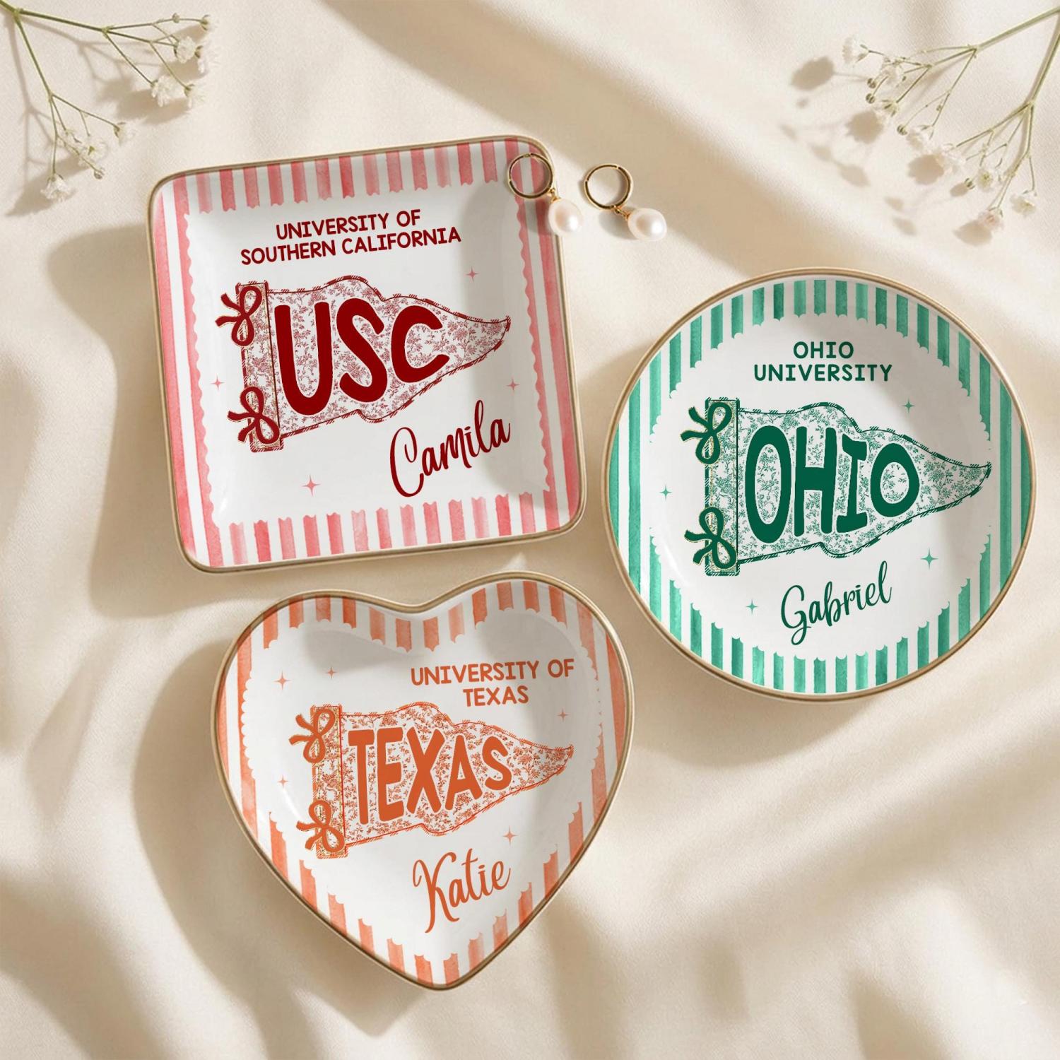 Custom School Pennant Flag Ring Dish, College Graduation Gift, Class of 2026 Jewelry Tray, University Spirit Striped Dish, Senior Night Gift