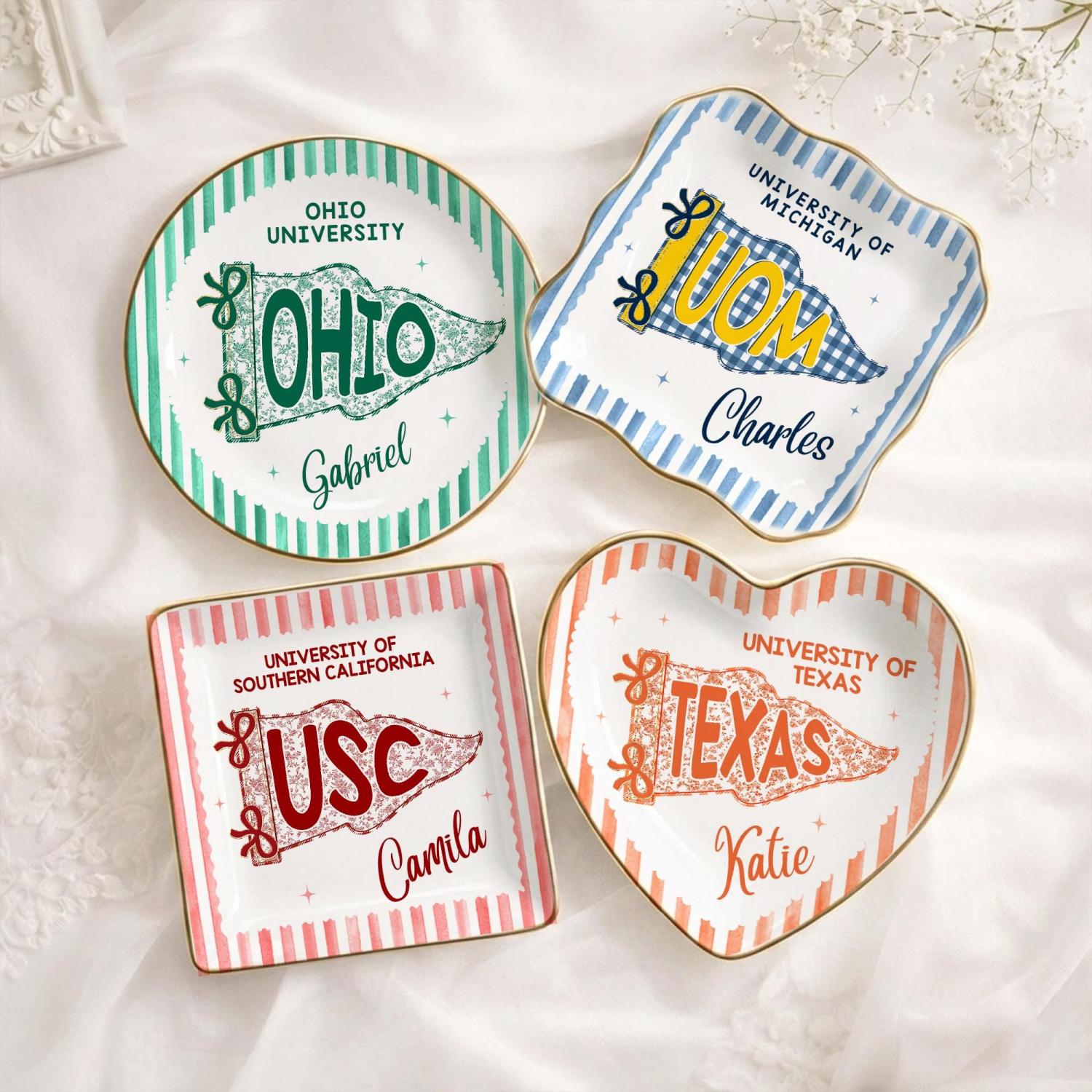 Custom School Pennant Flag Ring Dish, College Graduation Gift, Class of 2026 Jewelry Tray, University Spirit Striped Dish, Senior Night Gift