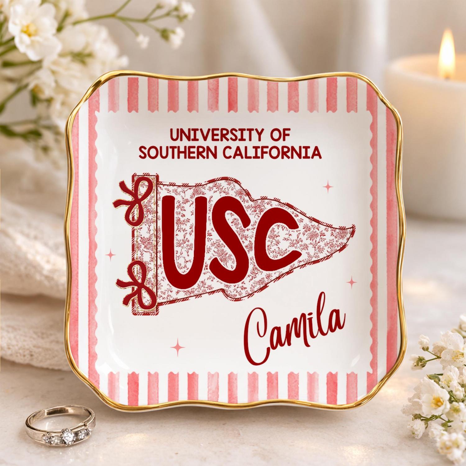 Custom School Pennant Flag Ring Dish, College Graduation Gift, Class of 2026 Jewelry Tray, University Spirit Striped Dish, Senior Night Gift