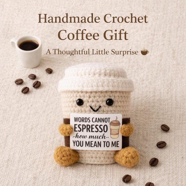 Crochet Coffee Cup Plush Gift – Cute Coworker Leaving Gift, Office Desk Decor, Coffee Lover Appreciation Present, “Words Cannot Espresso”