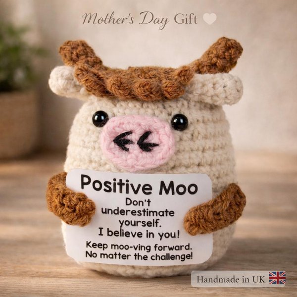 Positive Moo Crochet Cow Plush – Handmade Mother’s Day Gift for Mum | Cute Motivational Cow Keepsake | UK Desk Decor Gift Idea