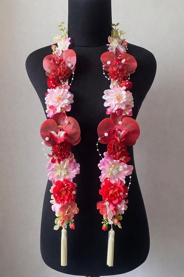 Custom Handmade Red Orchid Floral Mix Pearl Graduation Stole, Ribbon & Fabric Flower Lei, Custom Grad Sash, Unique Graduation Gift
