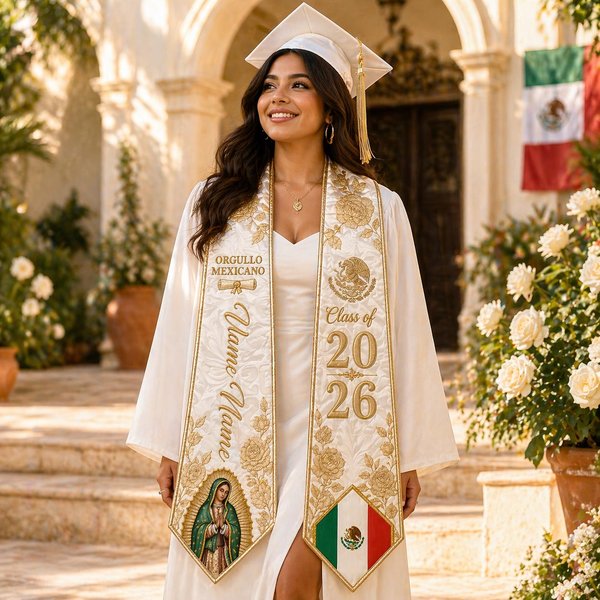 Personalized Mexican Graduation Stole 2026, Virgen de Guadalupe Catholic Sash, Orgullo Mexicano Senior Gift