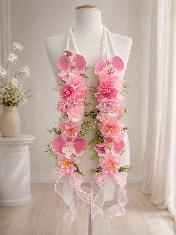 Custom Handmade Pink Floral Mix Pearl Bow Graduation Stole, Ribbon & Fabric Flower Lei, Custom Grad Sash, Unique Graduation Gift