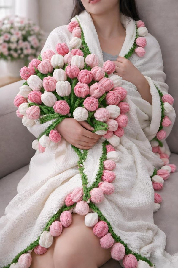 Crochet Floral Bouquet Blanket, Tulip/Hydrangea Yarn Blooms Throw, 3 style Pink/White, Red, Blue