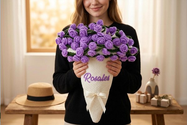 Crochet Flower Bouquet Blanket, Personalized Name Blanket, Handmade Floral Throw, Bouquet Blanket Gift, Home Decor Birthday Gift for Mom