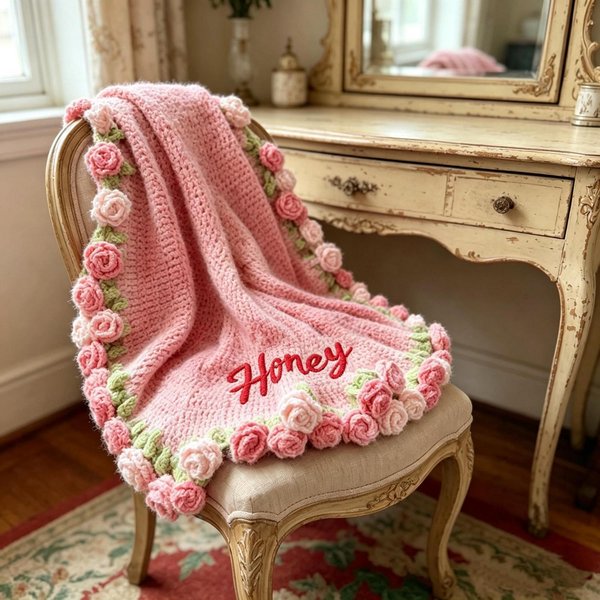 Custom Name Bouquet Blanket, Personalized Crochet Rose Throw, Floral Blanket Gift, Handmade Romantic Gift, Anniversary Gift for Her