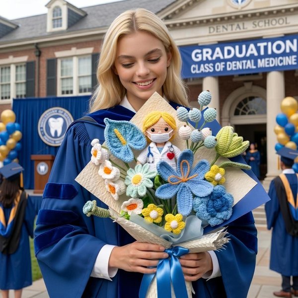 Dentist Graduation Crochet Bouquet with Custom Doll, Amigurumi Flower Keepsake Gift, Handmade Forever Flowers, Dental School Graduation