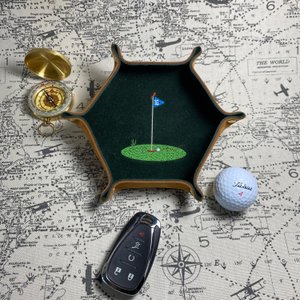 Leather Valet Tray: Embroidered Golf Design, Desk Organizer, Golf Lover Gift
