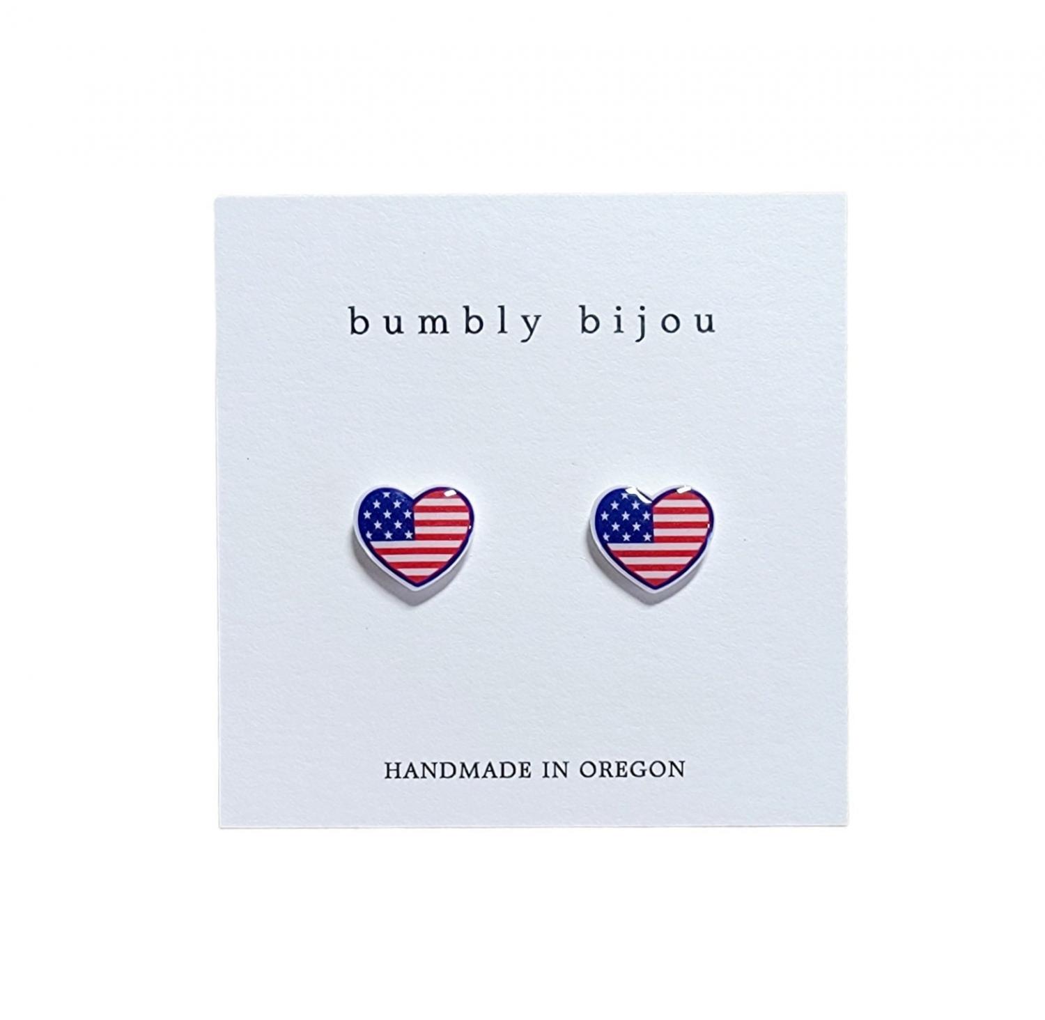 AMERICAN FLAG Heart Earrings / Hypoallergenic Titanium Post / USA Pride Flag Earrings Gift 4th of July Memorial Day Women Kids