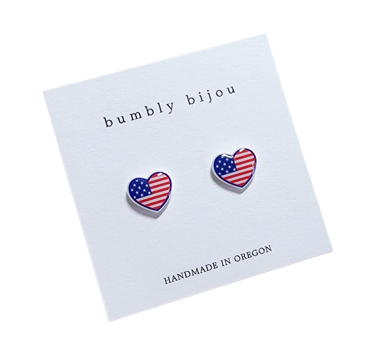 AMERICAN FLAG Heart Earrings / Hypoallergenic Titanium Post / USA Pride Flag Earrings Gift 4th of July Memorial Day Women Kids
