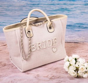 Bride Tote bag, Bridal Gift, Bachelorette bags, Honeymoon beach bag, Customized Bride Bags, Bachelorette totes- chain, pearls, Made To Order
