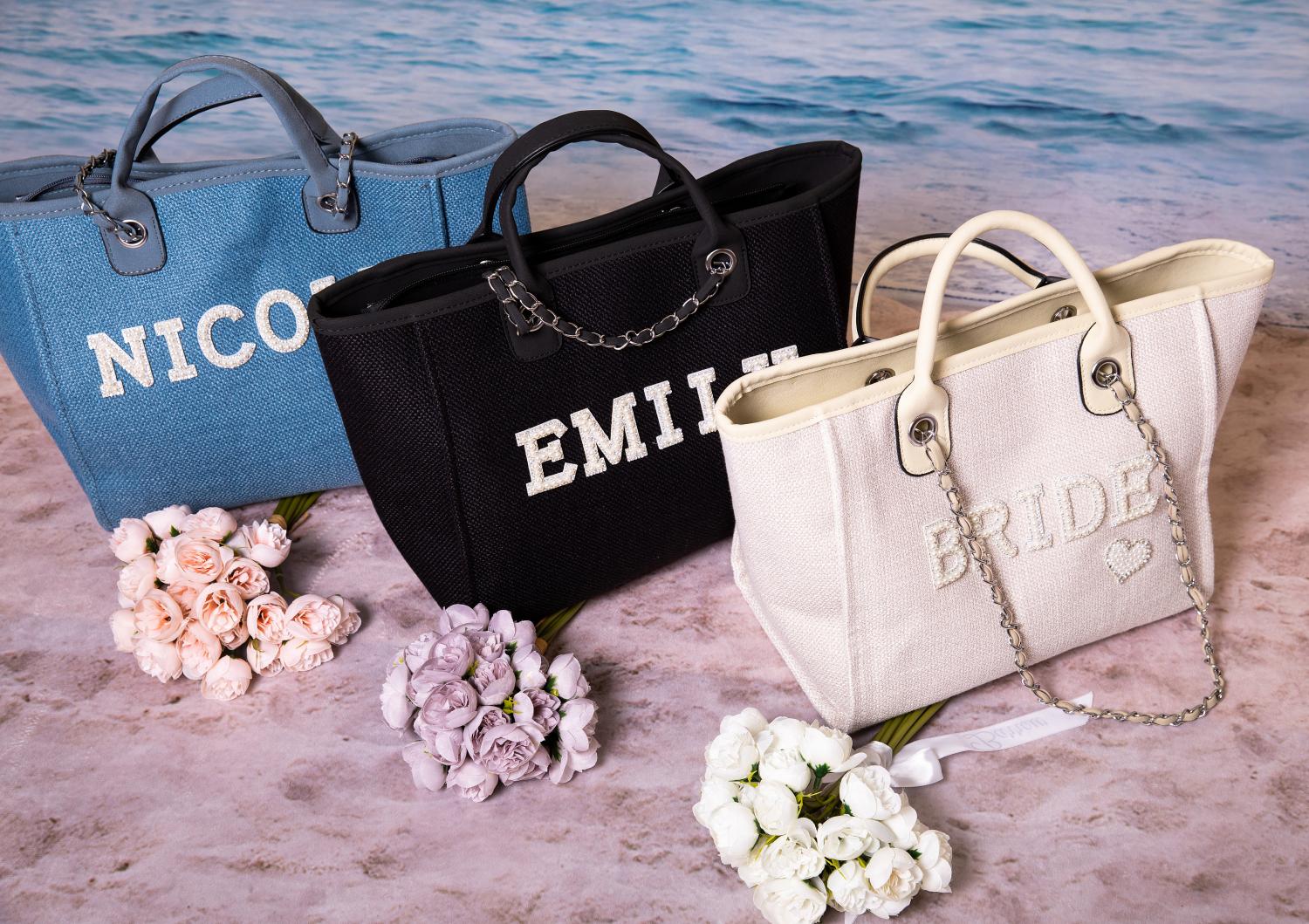 Bride Tote bag, Bridal Gift, Bachelorette bags, Honeymoon beach bag, Customized Bride Bags, Bachelorette totes- chain, pearls, Made To Order