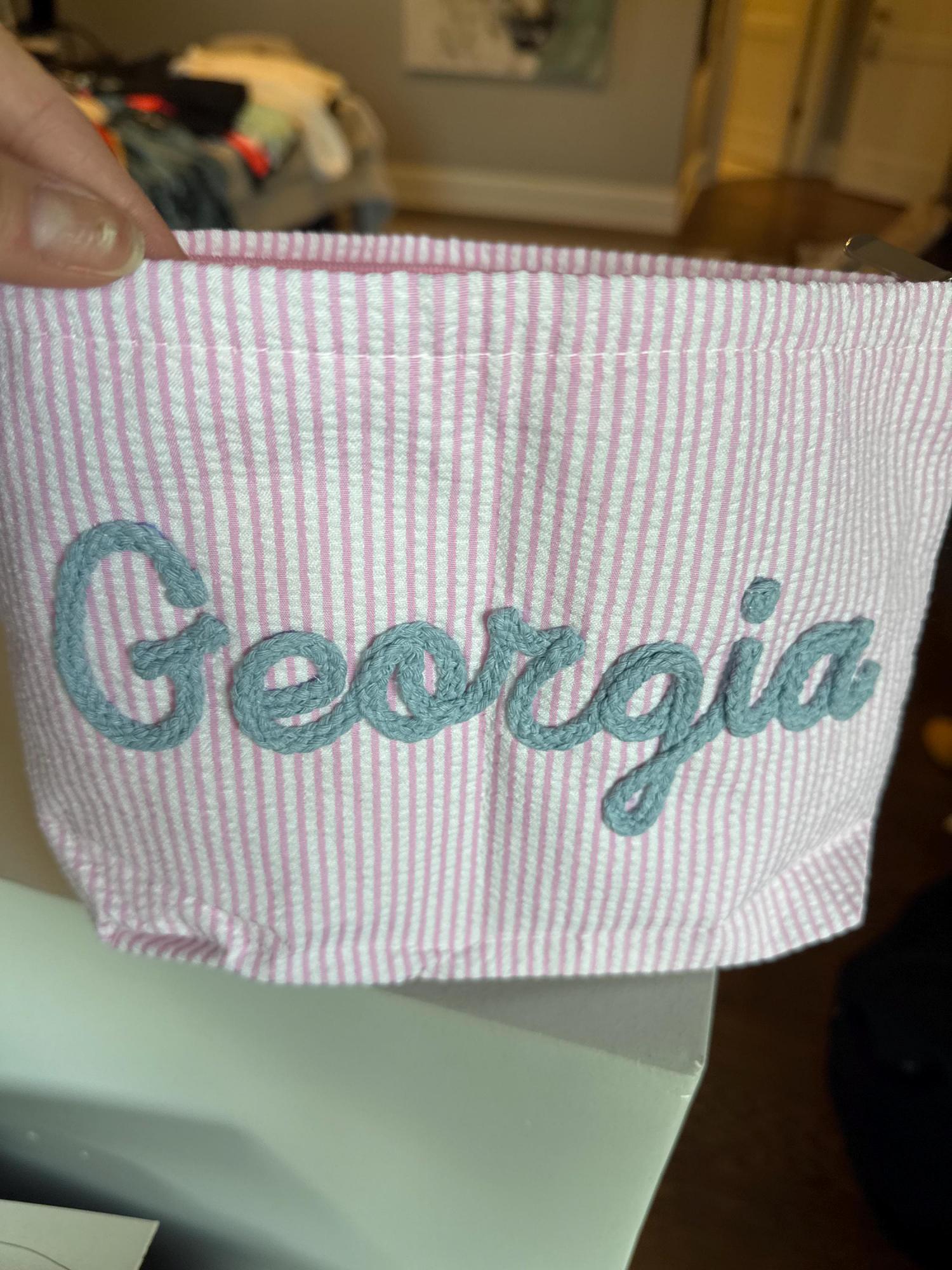 Custom Seersucker Makeup Bag Vacation Travel Pouch Personalized Chenille Name Toiletry Bag Summer Beach Bag Organizer Cosmetic Gift for Her