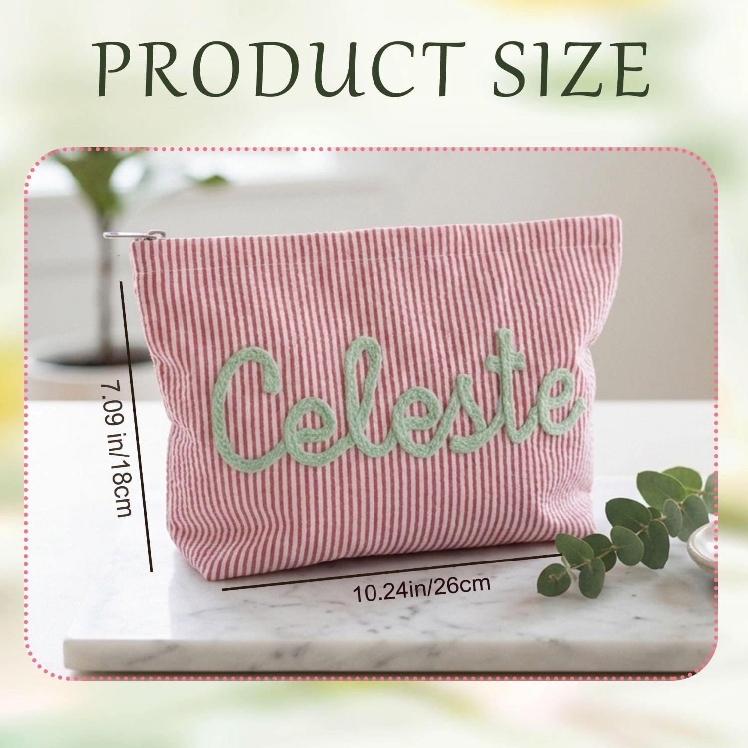 Custom Seersucker Makeup Bag Vacation Travel Pouch Personalized Chenille Name Toiletry Bag Summer Beach Bag Organizer Cosmetic Gift for Her