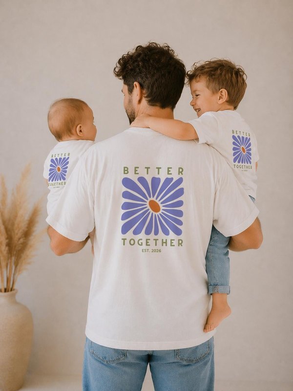 Matching set for dad and child, including a retro floral print T-shirt, family outfit, and gift for dad and baby.