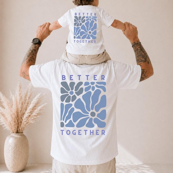 Matching T-shirt set "Better Together" with retro flowers, father-child T-shirt, family look, gift for dad and baby