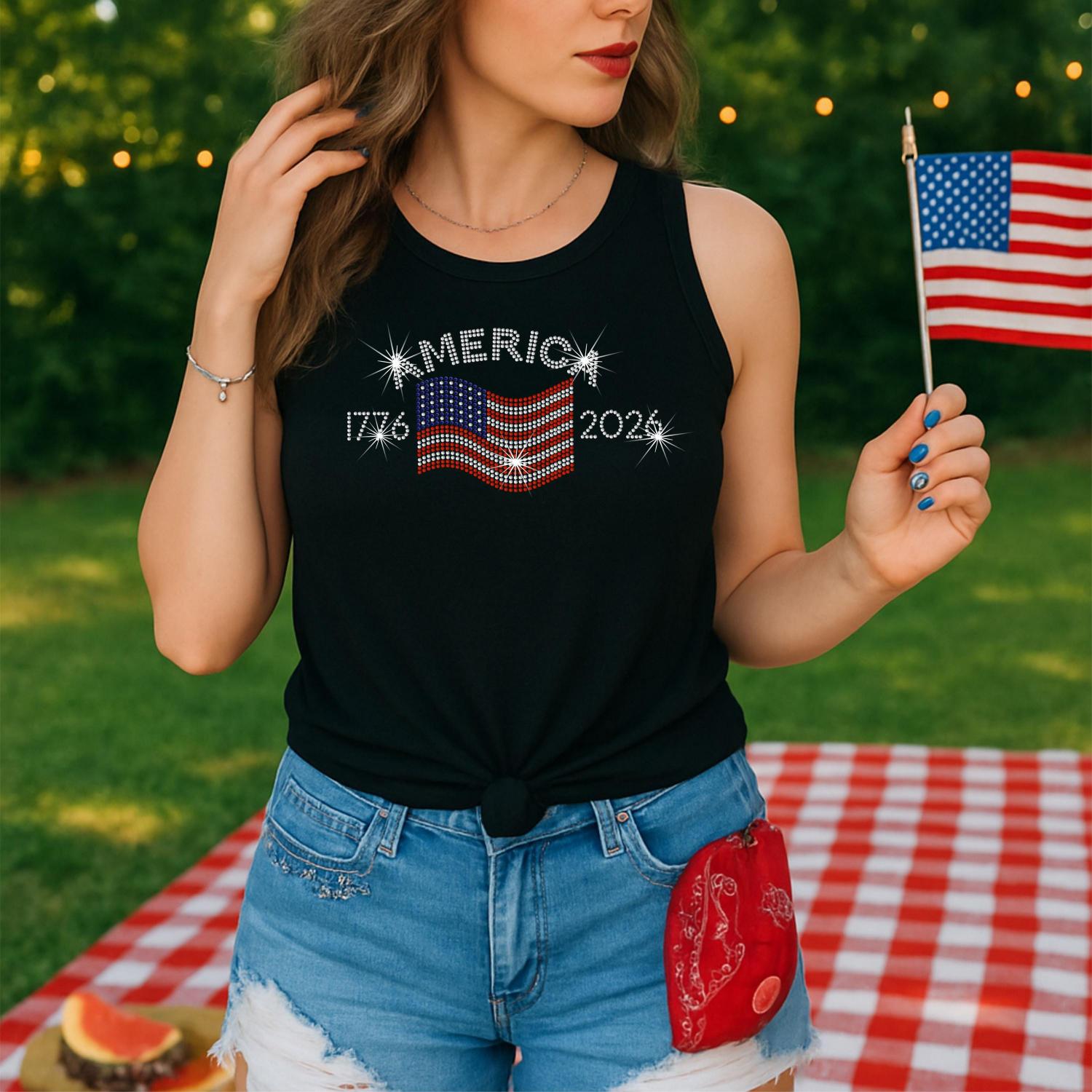America 250th Shirt Rhinestone Flag, 1776 2026 Anniversary American Flag Ladies Tank top, Patriotic Bling Sparkly, 4th of July, USA