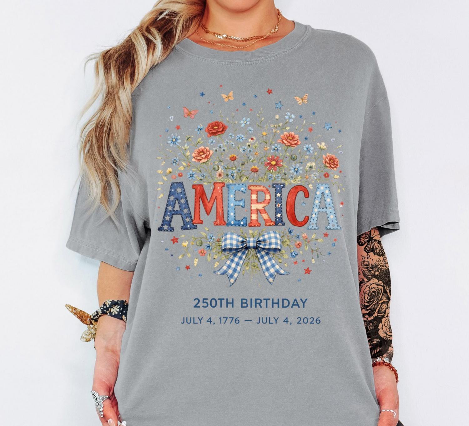 Comfort Colors America 250th Birthday Shirt, 4th Of July 2026 Patriotic Floral Shirt, USA Independence Day Shirt, Vintage America Shirt