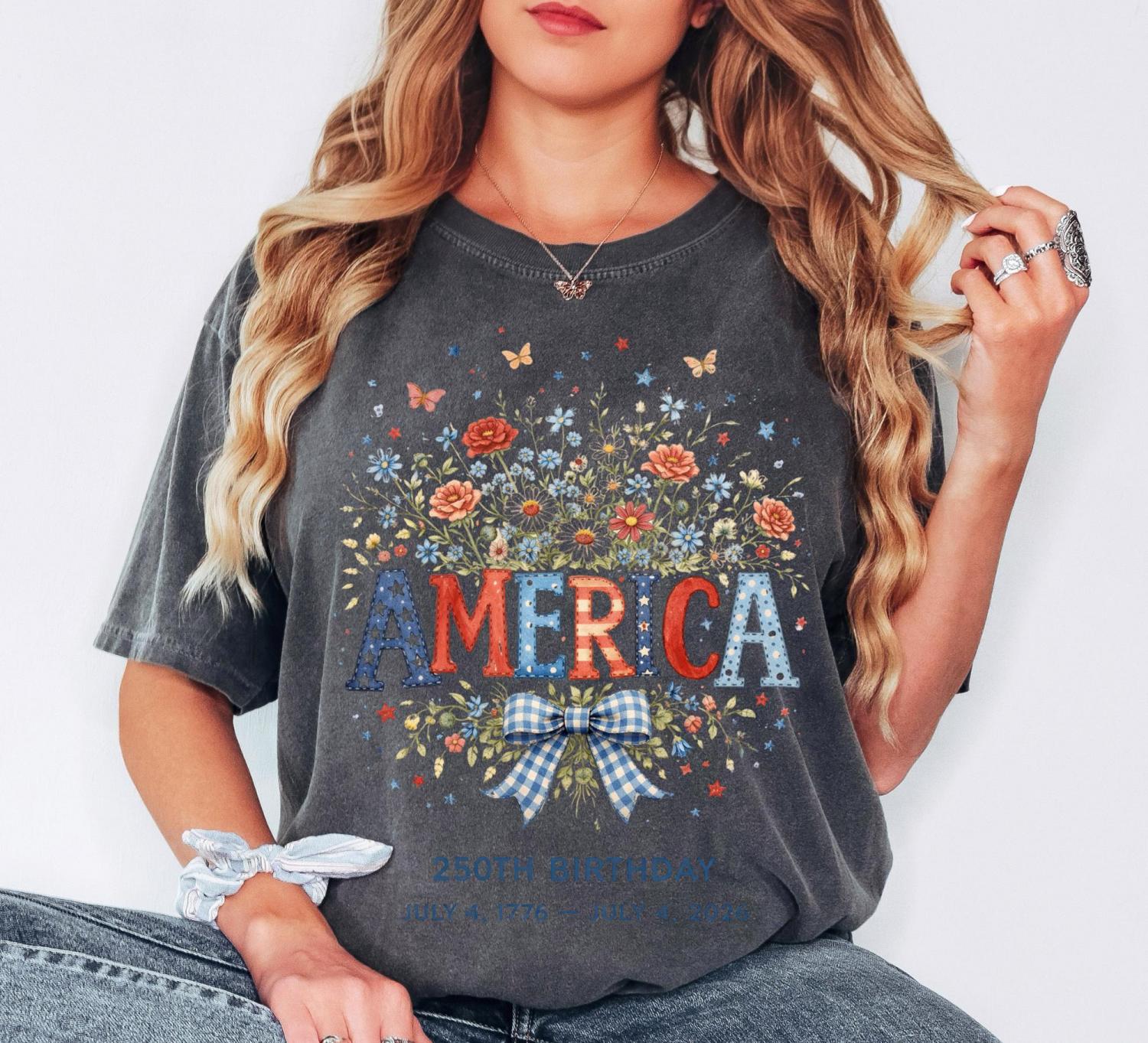 Comfort Colors America 250th Birthday Shirt, 4th Of July 2026 Patriotic Floral Shirt, USA Independence Day Shirt, Vintage America Shirt
