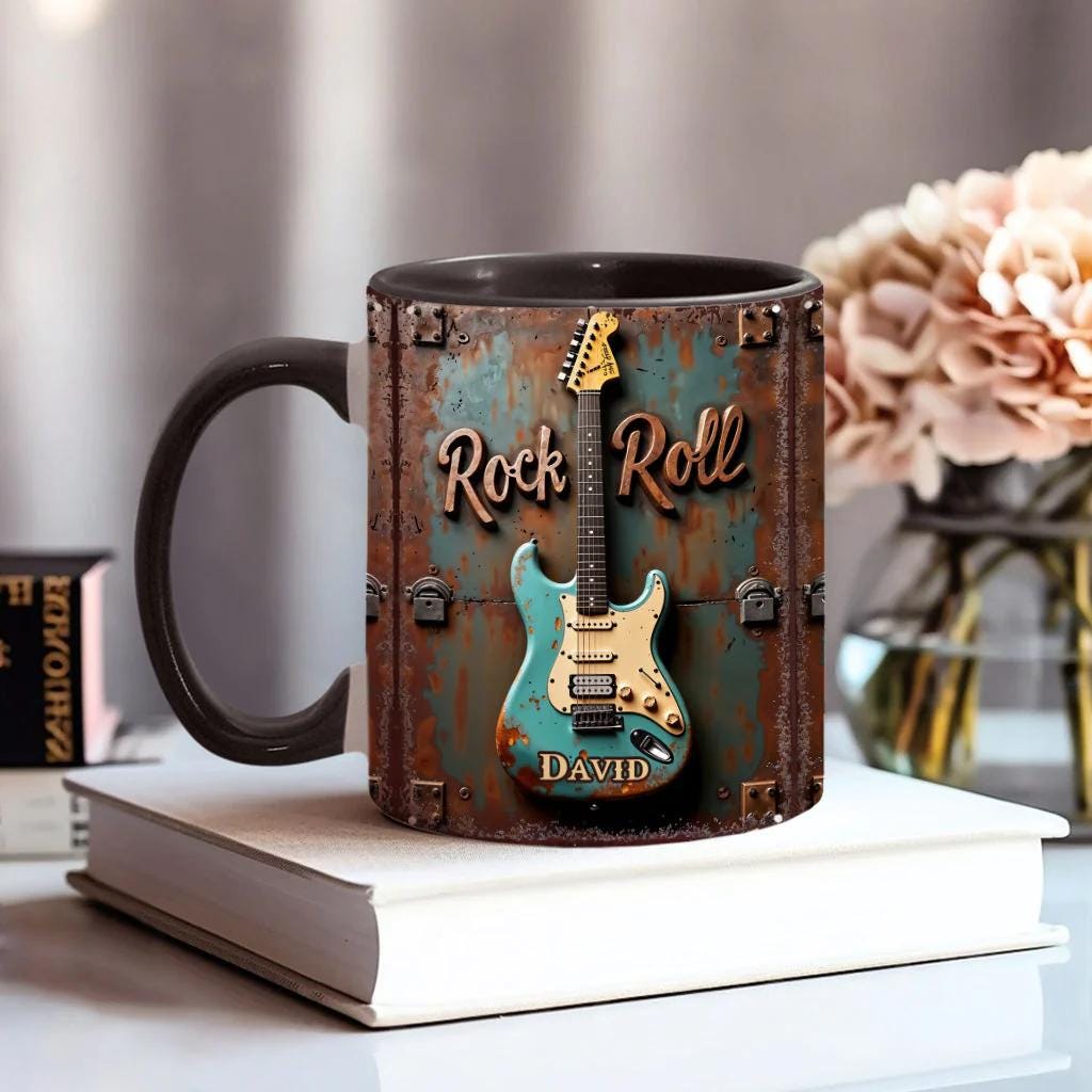 Rock & Roll Personalized Guitar Accent Mug, Guitar Cup, Guitarist Gifts, Guitar Player Gifts, Custom Guitar Coffee Mug, Custom Coffee Mug