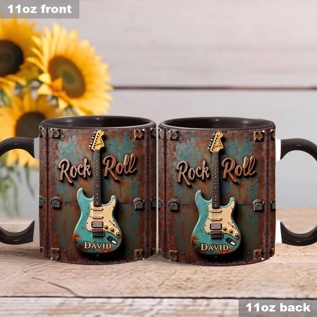 Rock & Roll Personalized Guitar Accent Mug, Guitar Cup, Guitarist Gifts, Guitar Player Gifts, Custom Guitar Coffee Mug, Custom Coffee Mug