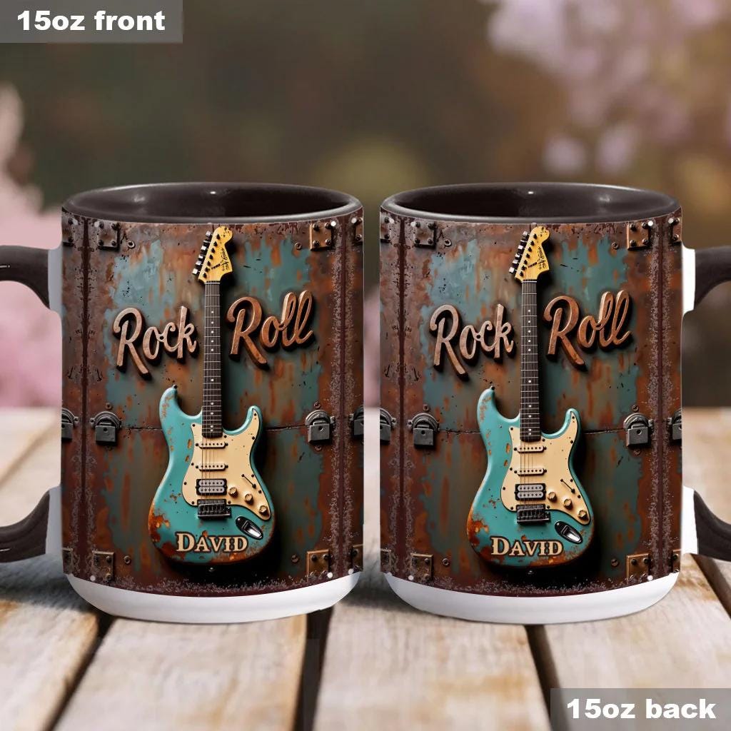 Rock & Roll Personalized Guitar Accent Mug, Guitar Cup, Guitarist Gifts, Guitar Player Gifts, Custom Guitar Coffee Mug, Custom Coffee Mug