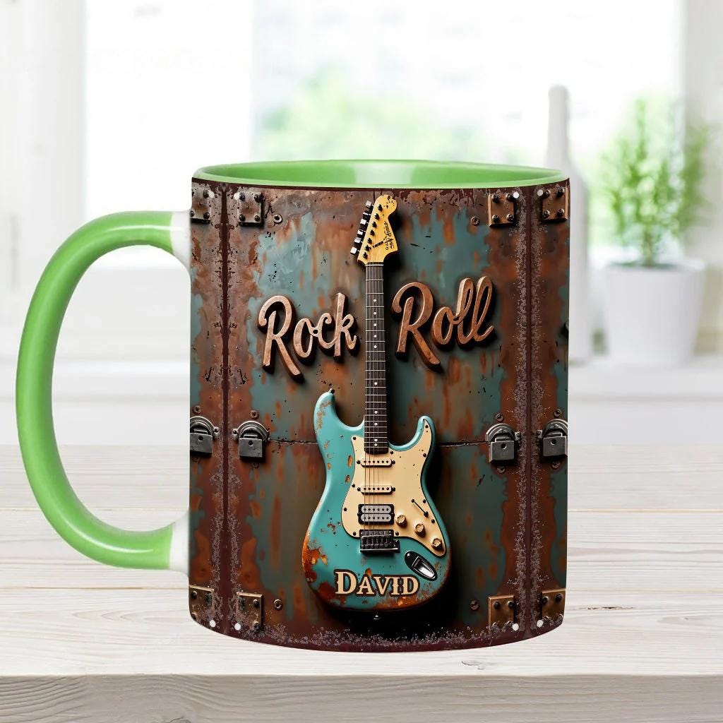 Rock & Roll Personalized Guitar Accent Mug, Guitar Cup, Guitarist Gifts, Guitar Player Gifts, Custom Guitar Coffee Mug, Custom Coffee Mug