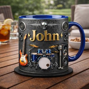 Personalized Rock Band Coffee Mug, Guitar & Drum Music Lover Gift for Him