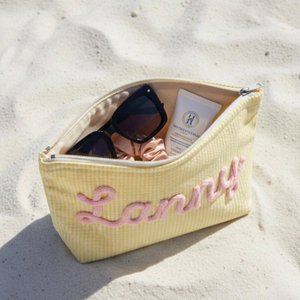 Custom Preppy Seersucker Makeup Bag, Embroidered Chenille Script Name Beach Pouch, Striped Travel Makeup Pouch, Custom Bridesmade Gifts