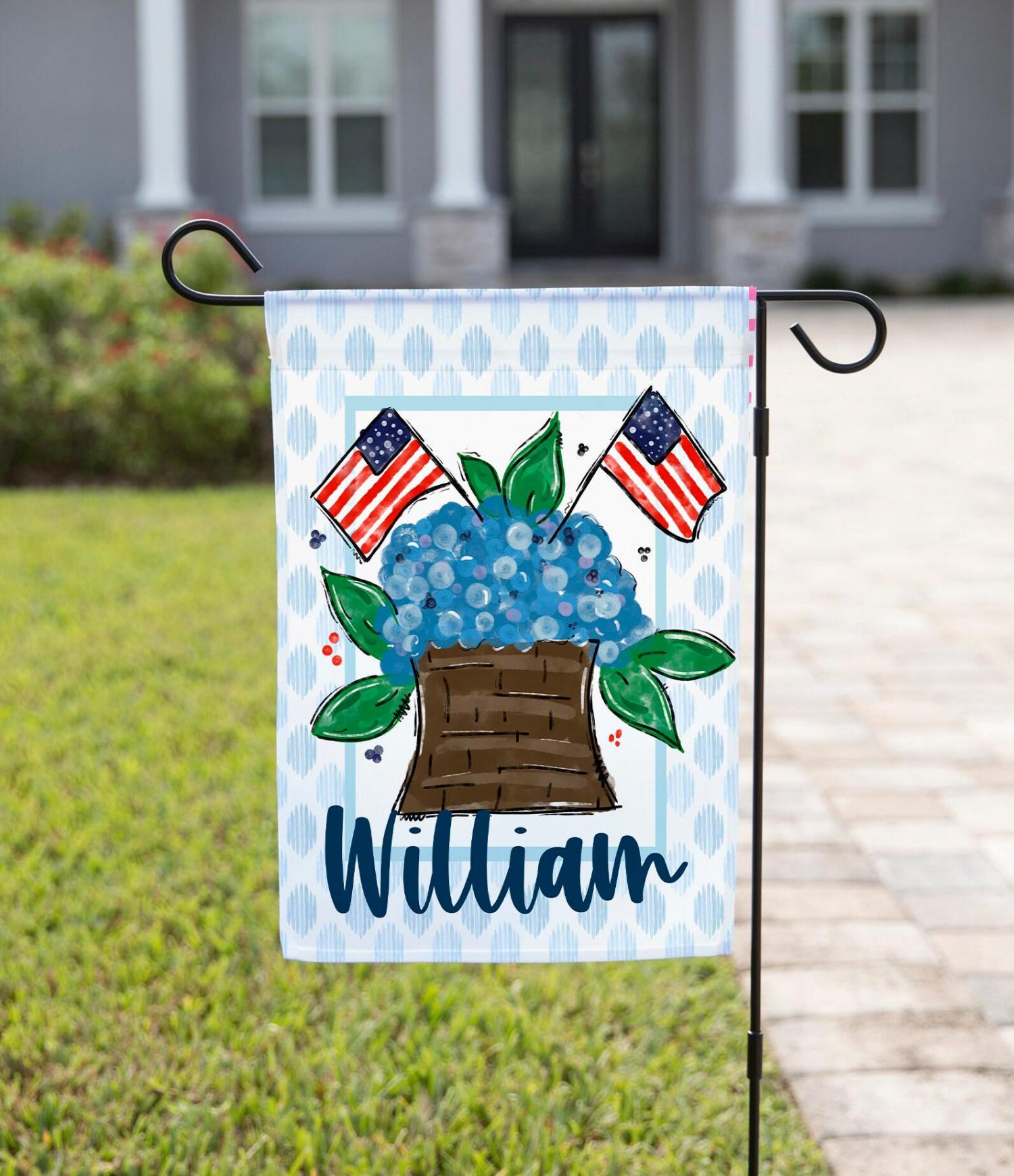 Personalized Patriotic Garden Flag Hydrangea American Flag Mothers Day Gift Custom Name Flag Preppy Fourth July Porch Decor USA Yard Flag