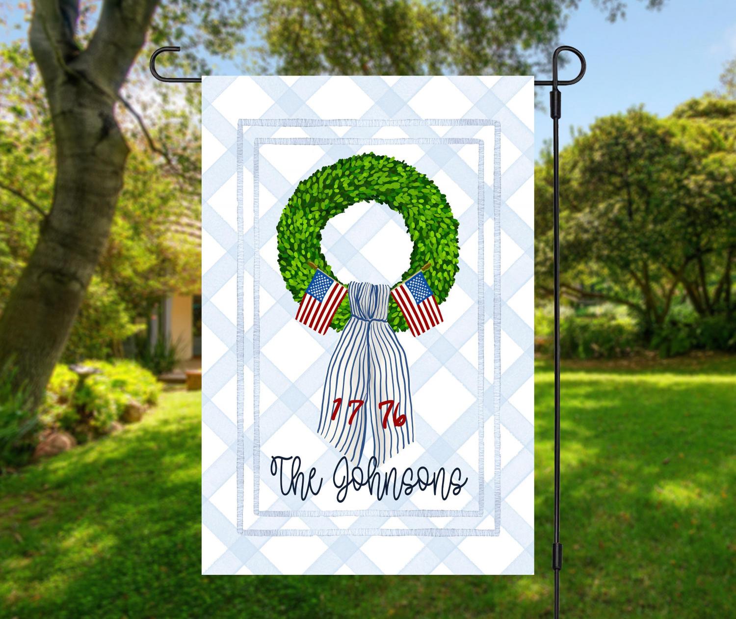 Personalized Patriotic Garden Flag Custom Family Name Flag 1776 Wreath Americana Fourth July Porch Decor Patriotic Outdoor Yard Decoration