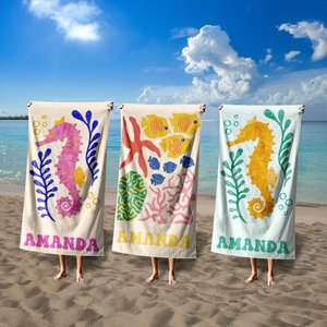 Marine Animal Personalized Beach Towel, Custom Name Towel for Baby/Kids, Preppy Girls Pool Towel, Kids Xmas Gift, Beach Party Essentials