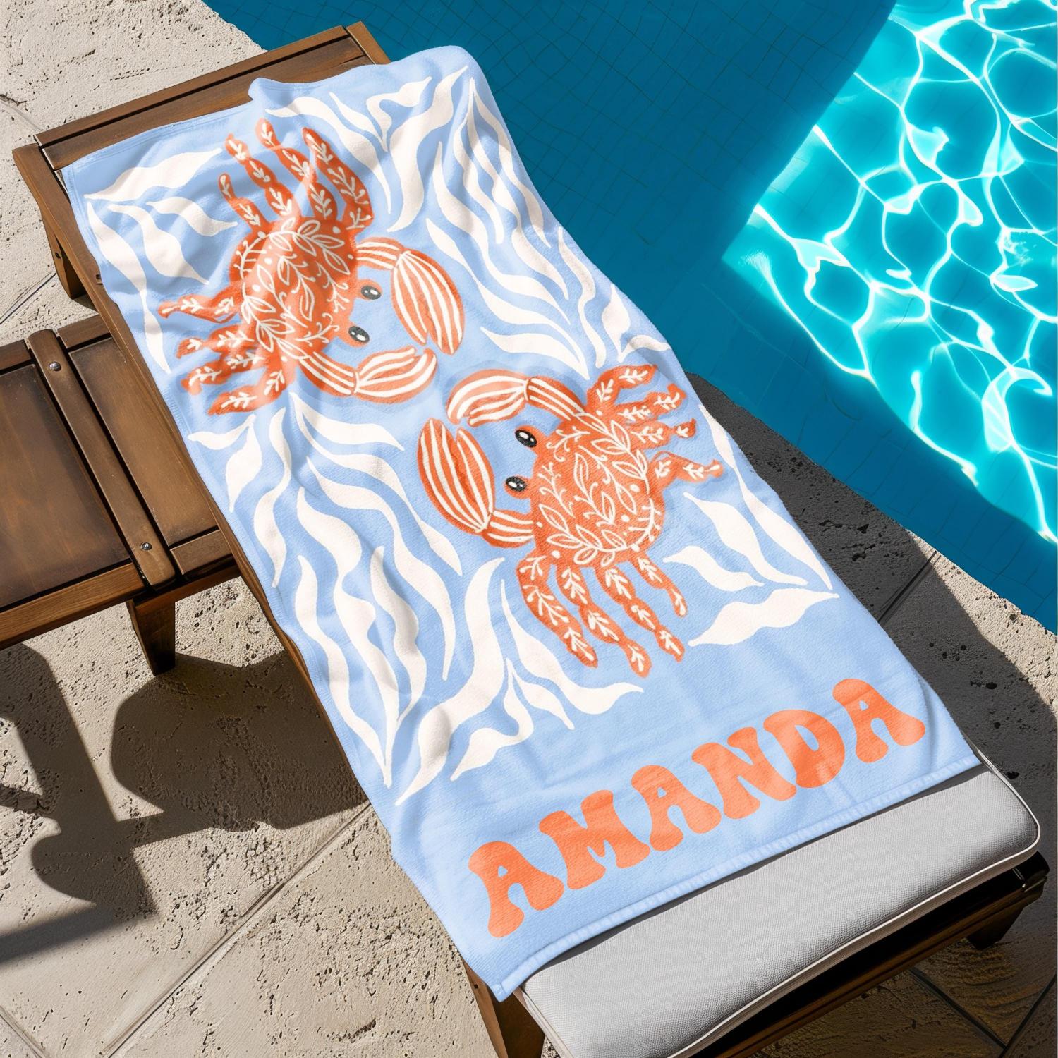 Marine Animal Personalized Beach Towel, Custom Name Towel for Baby/Kids, Preppy Girls Pool Towel, Kids Xmas Gift, Beach Party Essentials