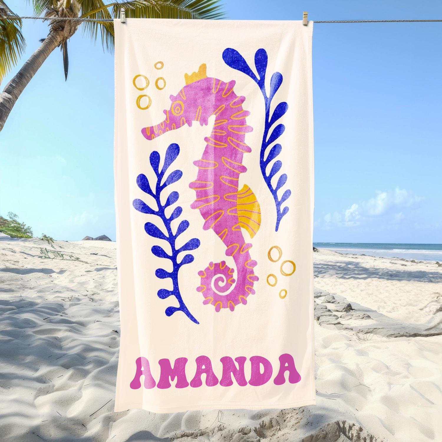 Marine Animal Personalized Beach Towel, Custom Name Towel for Baby/Kids, Preppy Girls Pool Towel, Kids Xmas Gift, Beach Party Essentials