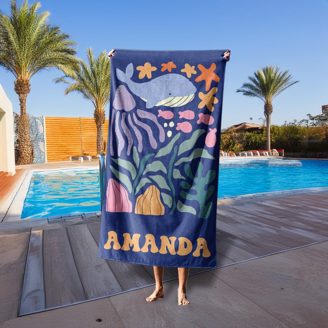 Marine Animal Personalized Beach Towel, Custom Name Towel for Baby/Kids, Preppy Girls Pool Towel, Kids Xmas Gift, Beach Party Essentials