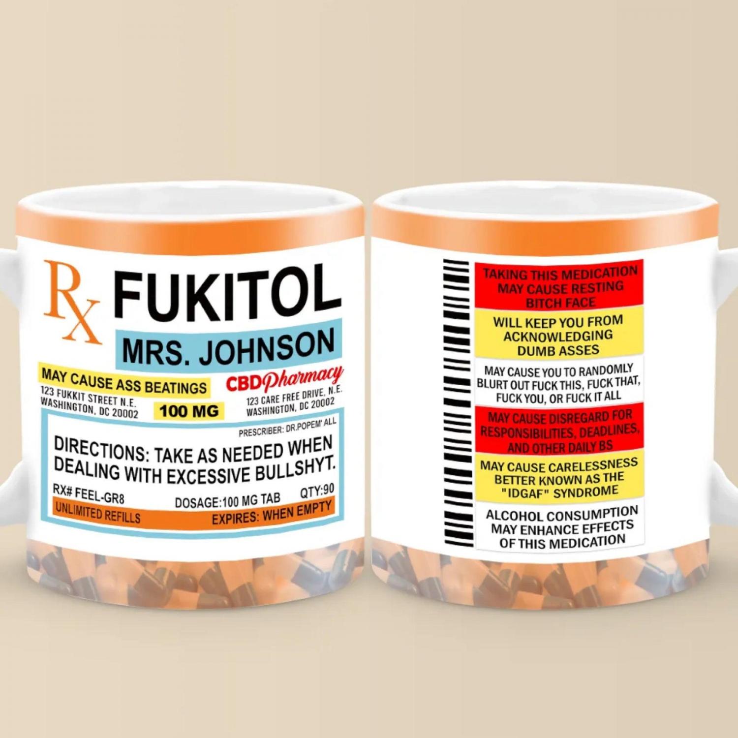 Fukitol Rx Prescription Funny Mug, Personalized Coffee Mug, Retirement Gift, Work Office Funny Gag Gift For Coworkers Boss Family Friends