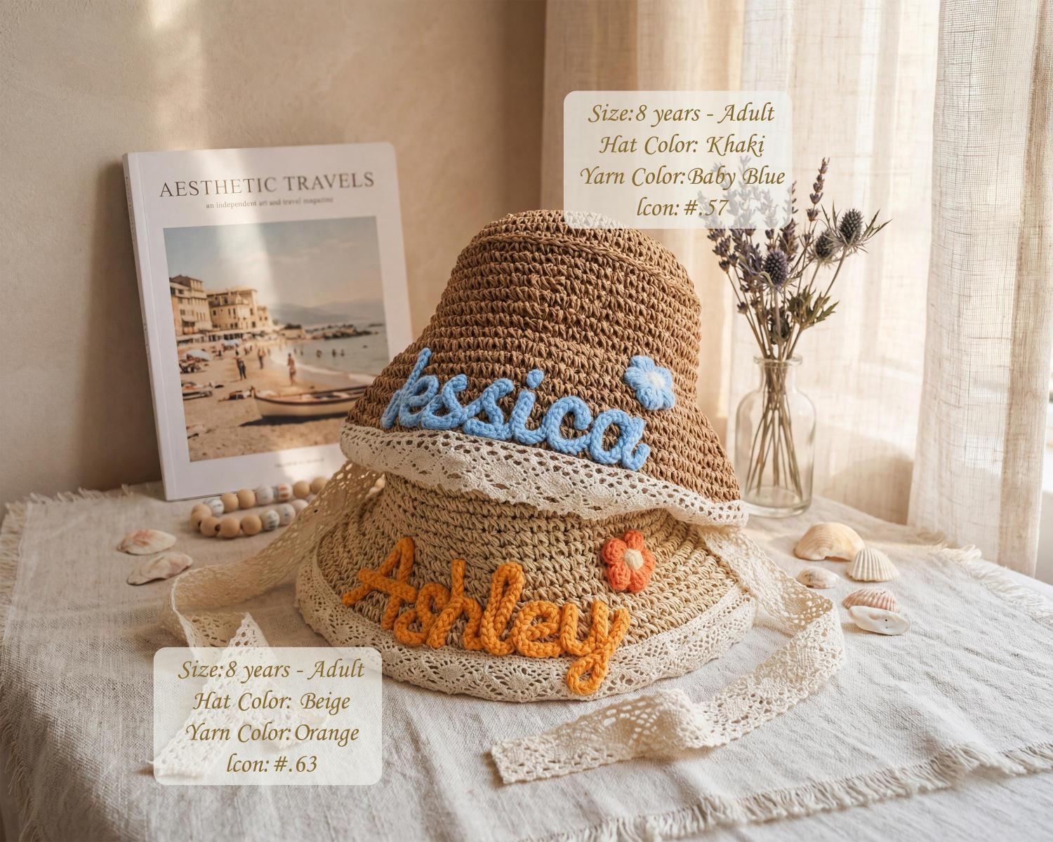 Personalized Straw Sun Hat | Hand Glued Chunky Yarn Beach Hat, Summer Vacation Accessory