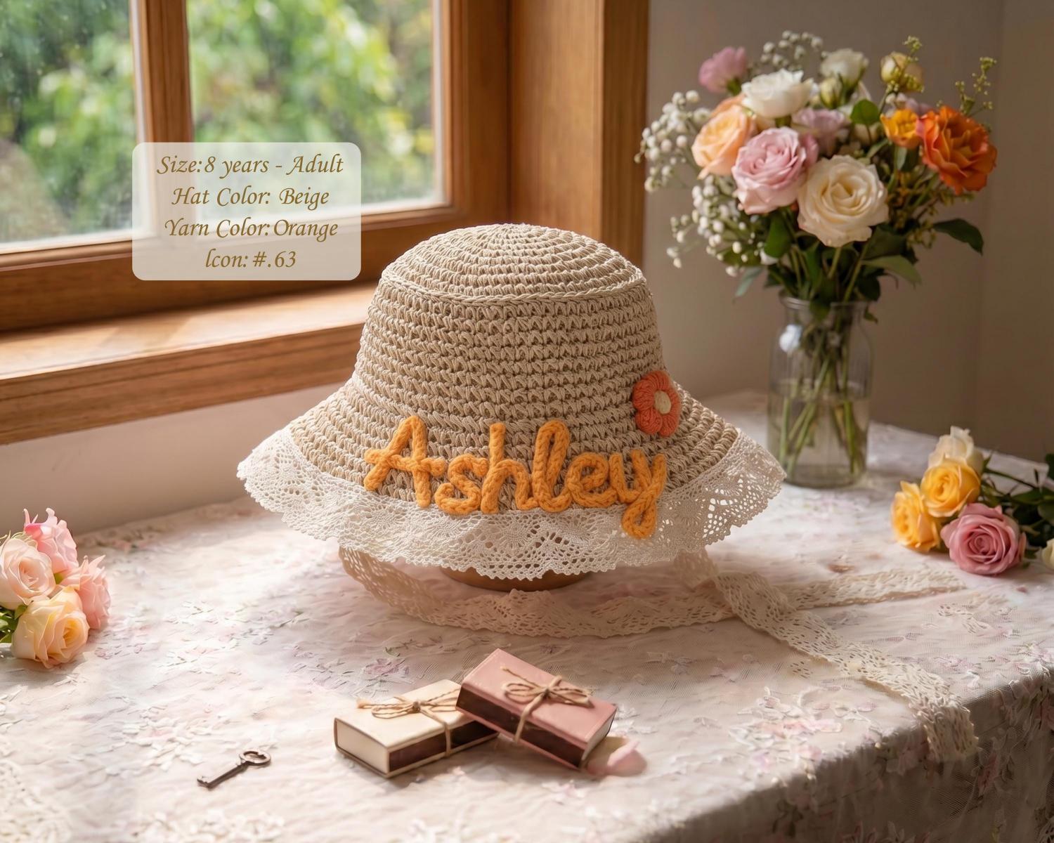 Personalized Straw Sun Hat | Hand Glued Chunky Yarn Beach Hat, Summer Vacation Accessory