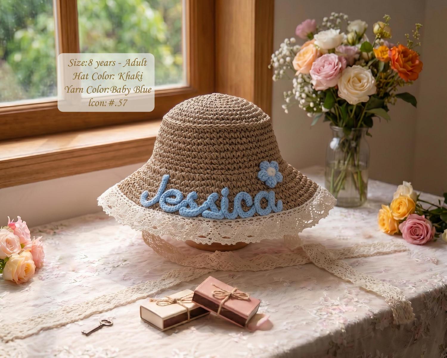 Personalized Straw Sun Hat | Hand Glued Chunky Yarn Beach Hat, Summer Vacation Accessory