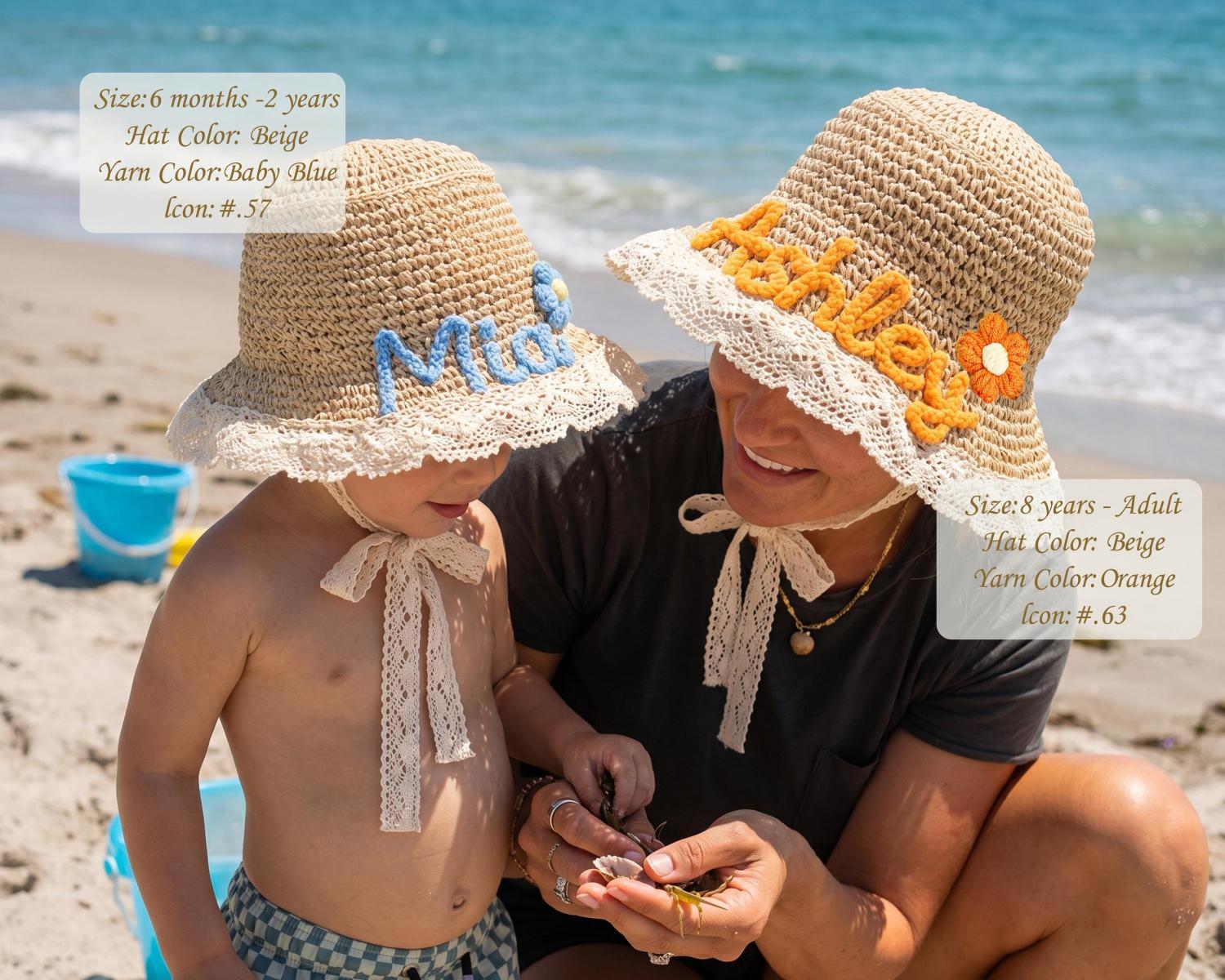 Personalized Straw Sun Hat | Hand Glued Chunky Yarn Beach Hat, Summer Vacation Accessory