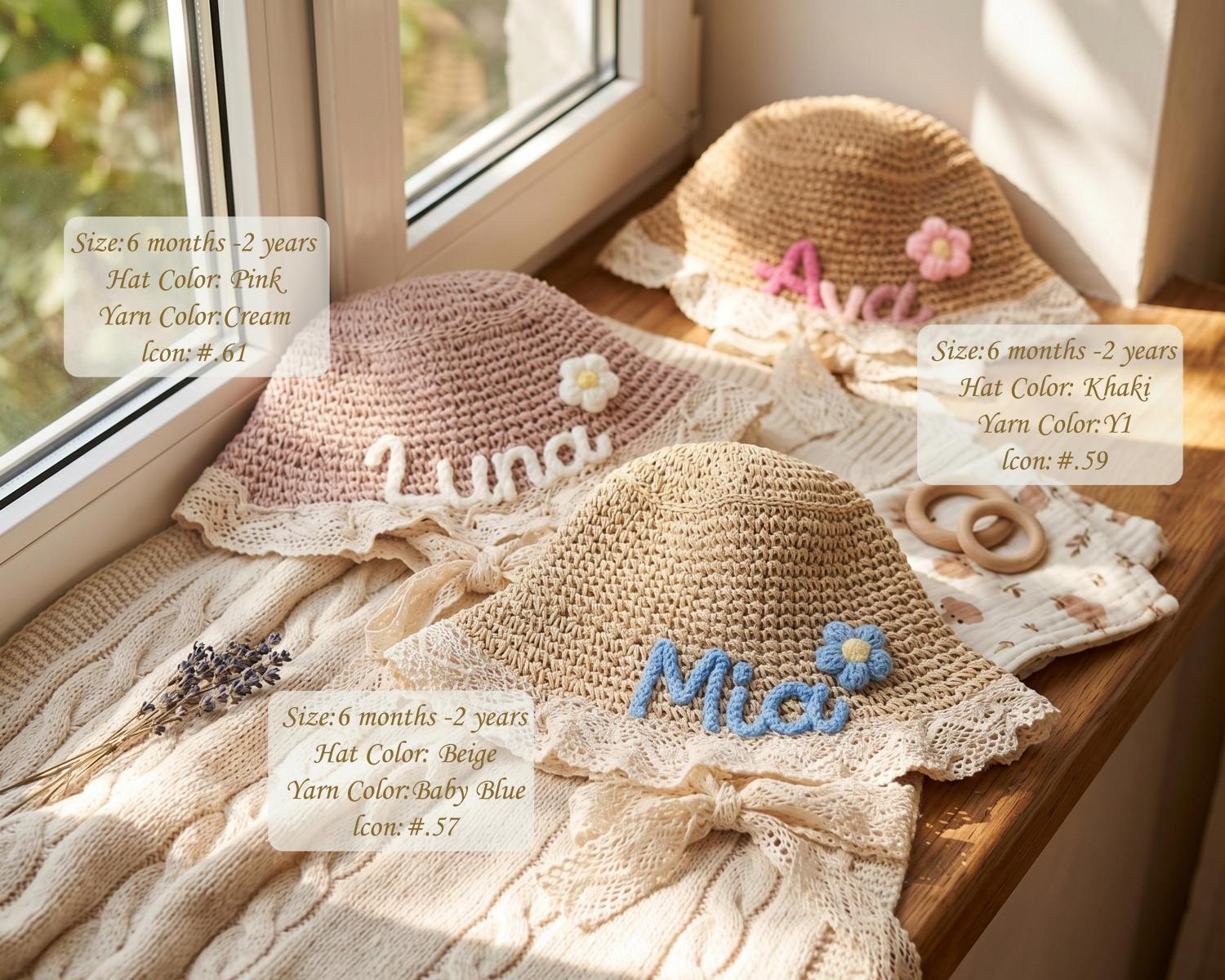 Personalized Straw Sun Hat | Hand Glued Chunky Yarn Beach Hat, Summer Vacation Accessory