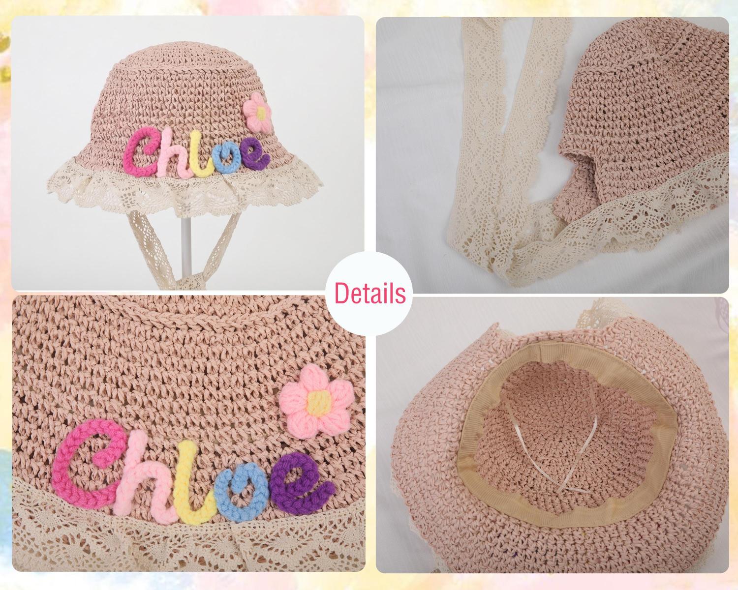 Personalized Straw Sun Hat | Hand Glued Chunky Yarn Beach Hat, Summer Vacation Accessory